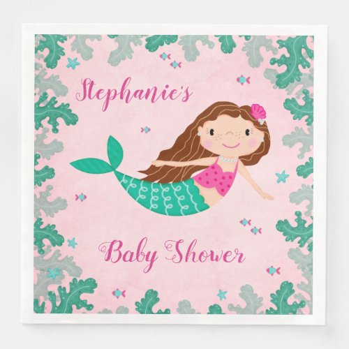 Mermaid Pink Under The Sea Baby Shower Paper Dinner Napkins