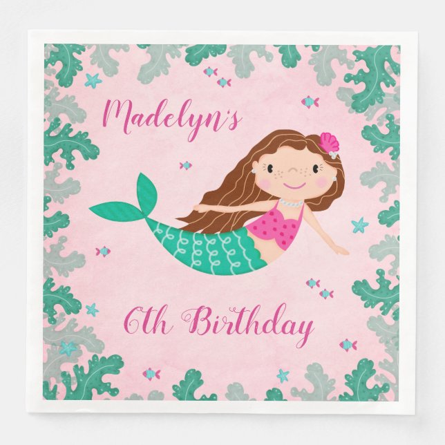 Mermaid Pink Under The Sea Birthday Paper Dinner Napkins (Front)