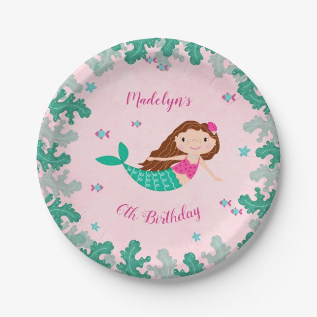 Mermaid Pink Under The Sea Birthday Party Paper Plates (Front)