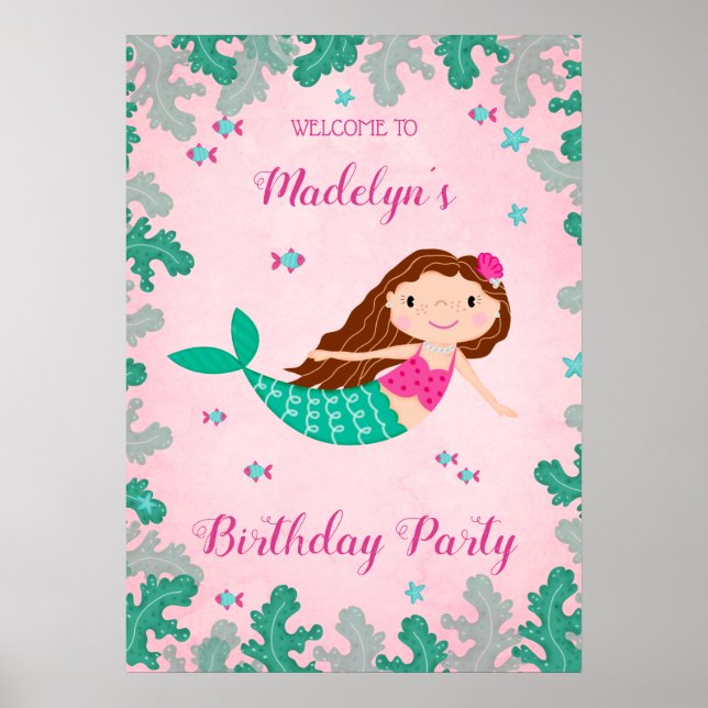 Mermaid Pink Under The Sea Birthday Poster (Front)