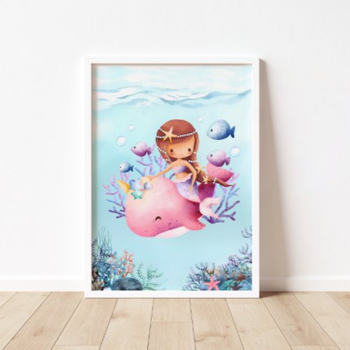 Mermaid Pink Whale Nursery Poster