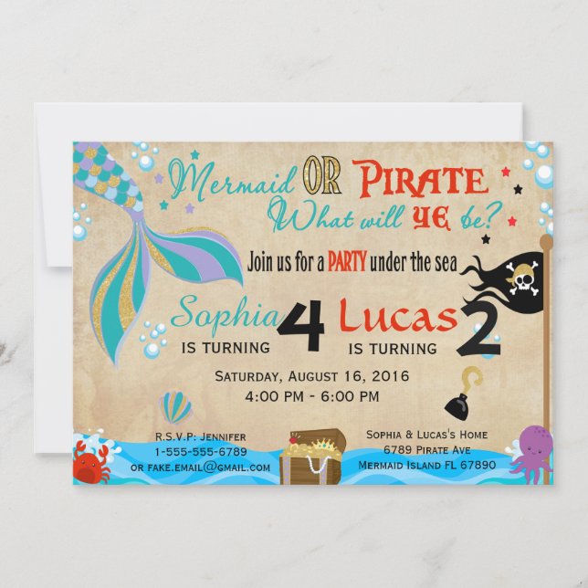 Mermaid & Pirate Birthday Brother & Sister Party Invitation (Front)