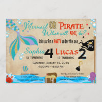 Mermaid & Pirate Birthday Brother & Sister Party Invitation