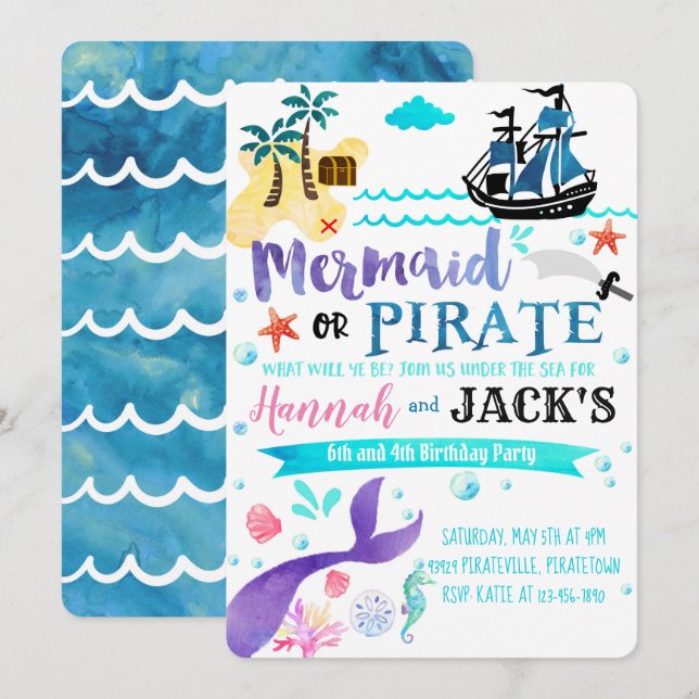 Mermaid Pirate Birthday Invitation Party Dual (Front/Back)