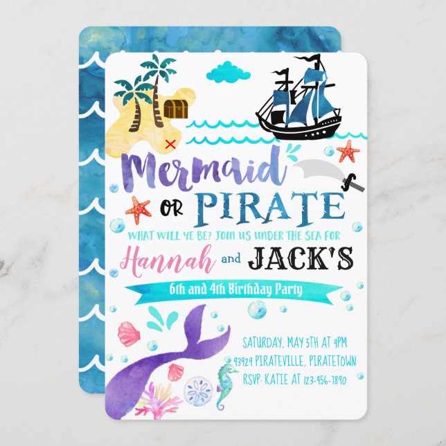 Mermaid Pirate Birthday Invitation Party Dual (Front/Back)