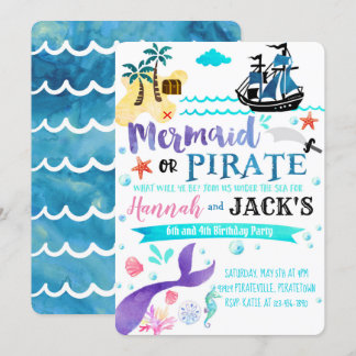 Mermaid Pirate Birthday Invitation Party Dual
