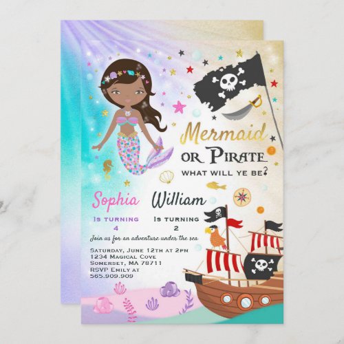 Mermaid Pirate Birthday Invitation Siblings Party