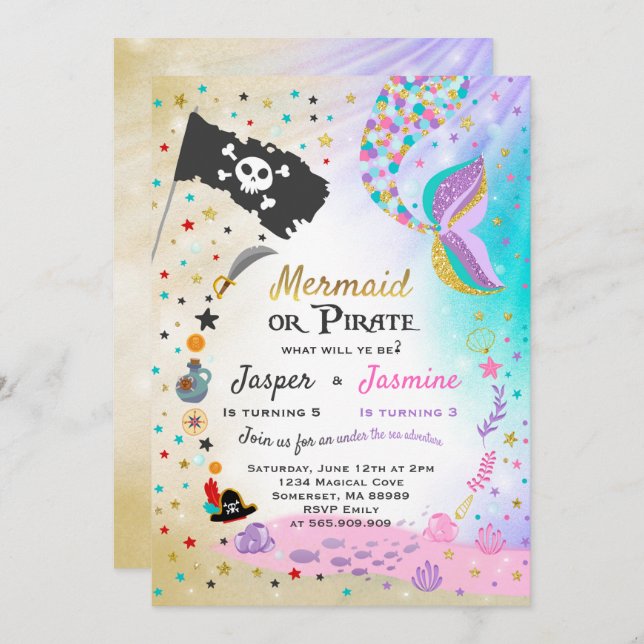 Mermaid Pirate Birthday Invitation Siblings Party (Front/Back)