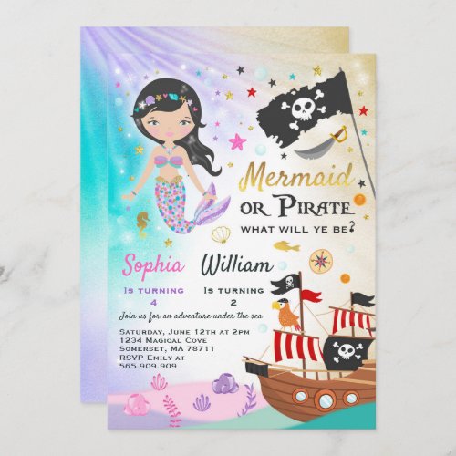 Mermaid Pirate Birthday Invitation Siblings Party