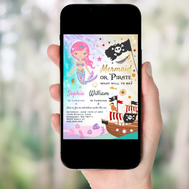 Mermaid Pirate Birthday Invitation Siblings Party (Front Digital)