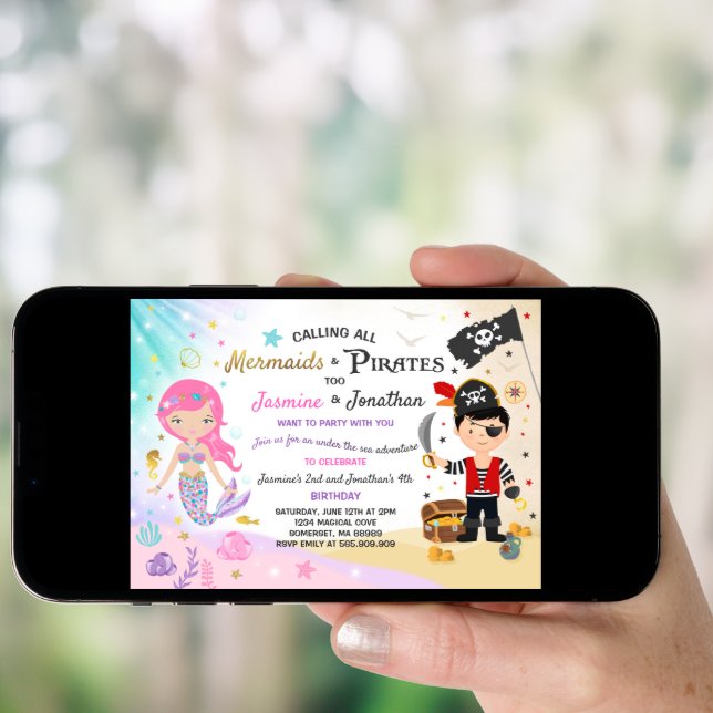 Mermaid Pirate Birthday Invitation Siblings Party (Front Digital)