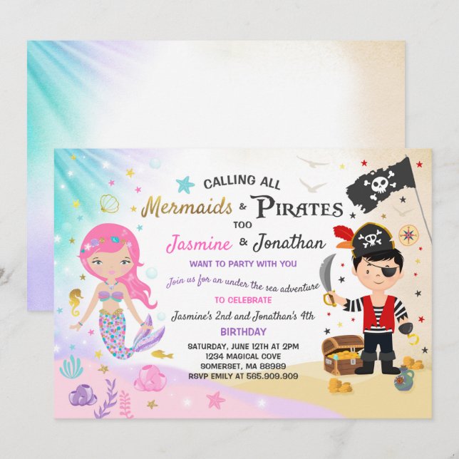 Mermaid Pirate Birthday Invitation Siblings Party (Front/Back)