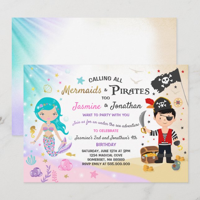 Mermaid Pirate Birthday Invitation Siblings Party (Front/Back)