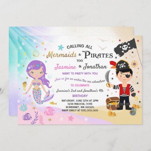 Mermaid Pirate Birthday Invitation Siblings Party