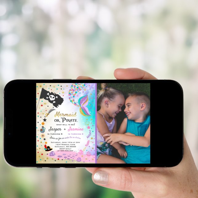 Mermaid Pirate Birthday Invitation Siblings Party (Front Digital)