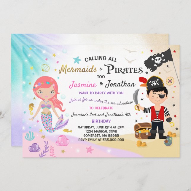 Mermaid Pirate Birthday Invitation Siblings Party (Front/Back)
