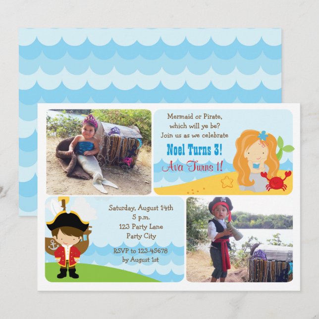 Mermaid Pirate Birthday Invitations with Photo (Front/Back)