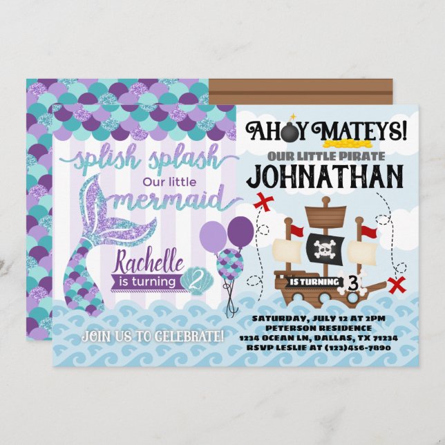 Mermaid Pirate Birthday Party Invitation (Front/Back)