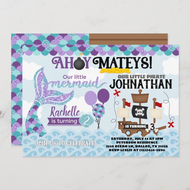 Mermaid Pirate Birthday Party Invitation (Front/Back)