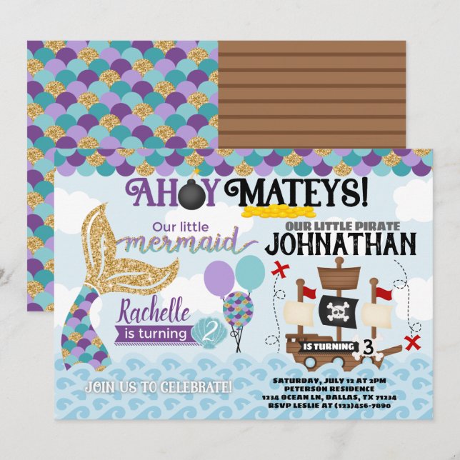 Mermaid Pirate Birthday Party Invitation (Front/Back)