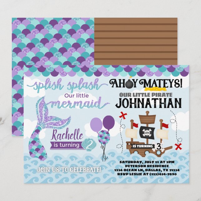 Mermaid Pirate Birthday Party Invitation (Front/Back)
