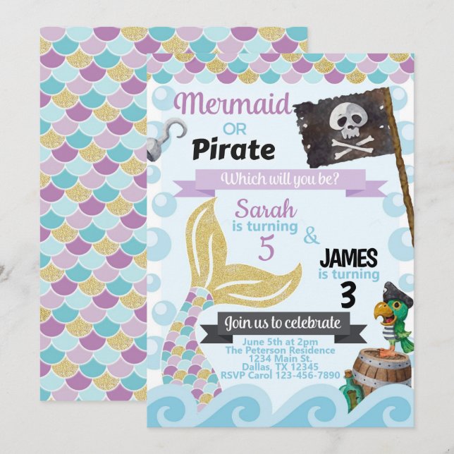 Mermaid Pirate Birthday Party Invitation Invite (Front/Back)