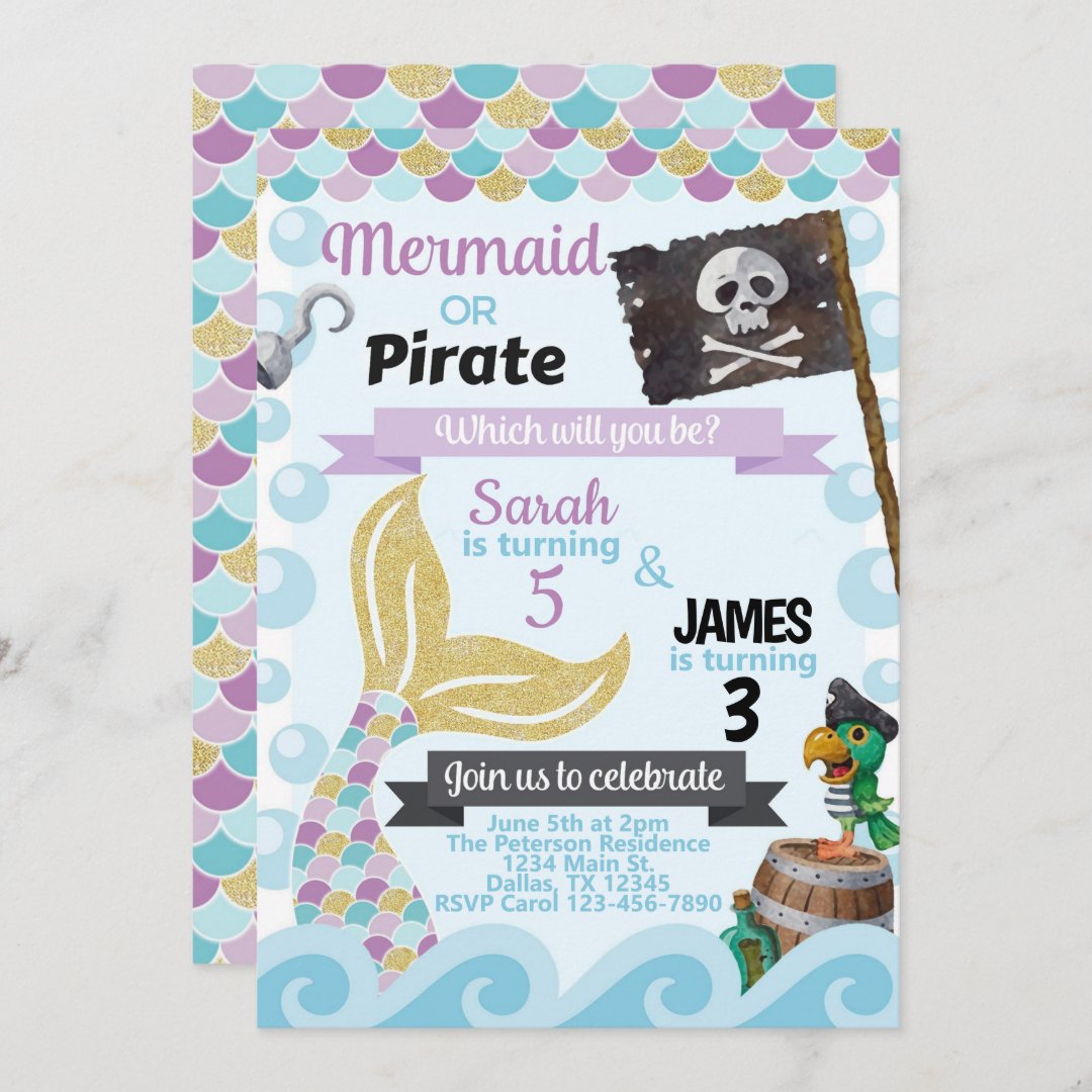 Mermaid Pirate Birthday Party Invitation Invite | Zazzle