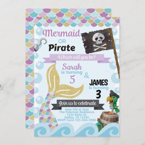 Mermaid Pirate Birthday Party Invitation Invite
