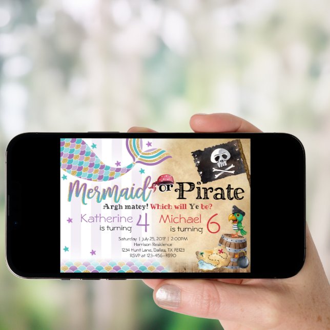 Mermaid Pirate Birthday Party Invitation Siblings (Front Digital)