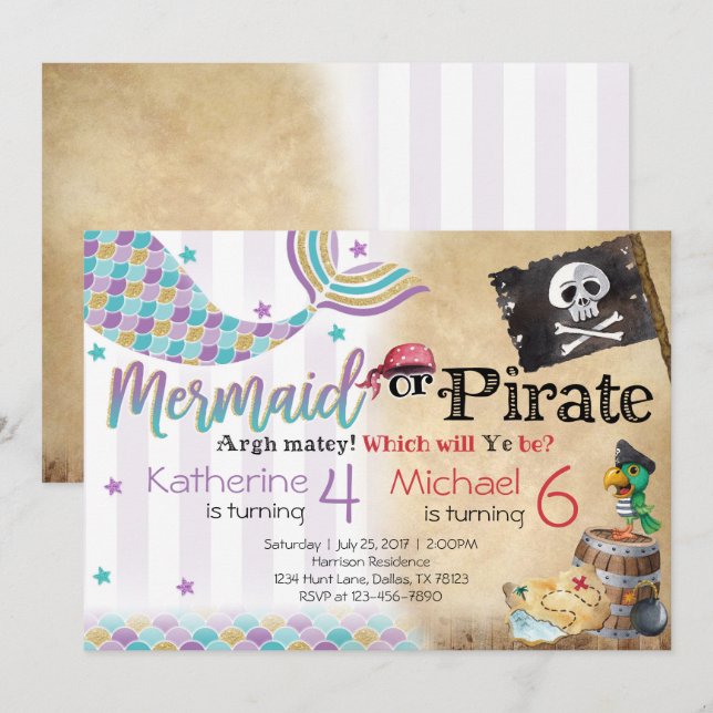 Mermaid Pirate Birthday Party Invitation Siblings (Front/Back)