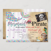 Mermaid Pirate Birthday Party Invitation Siblings