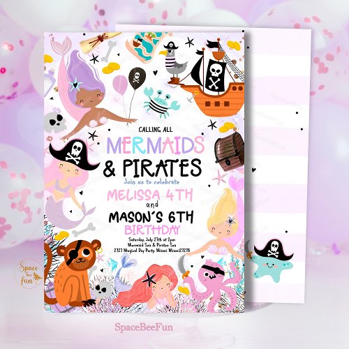 Mermaid  Pirate Birthday Party Invitation Under