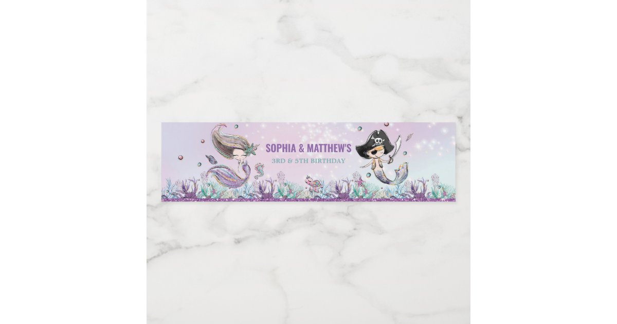 Mermaid & Pirate Birthday Party Under the Sea Water Bottle Label | Zazzle