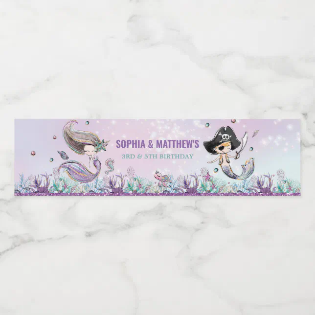 Mermaid & Pirate Birthday Party Under the Sea Water Bottle Label | Zazzle