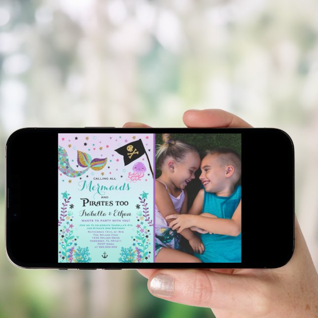 Mermaid & Pirate Birthday Sibling Boy Girl Invite (Front Digital)
