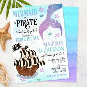 Mermaid & Pirate Boy Girl Siblings Joint Birthday  Invitation