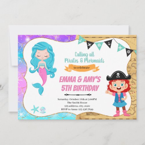 Mermaid  pirate girl joint party invitation