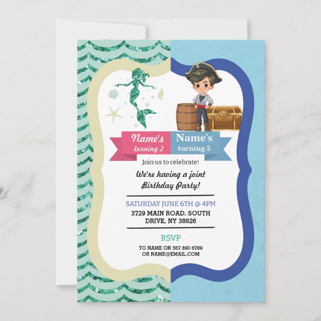 Mermaid & Pirate Joint Boy girl Birthday Invites (Front)