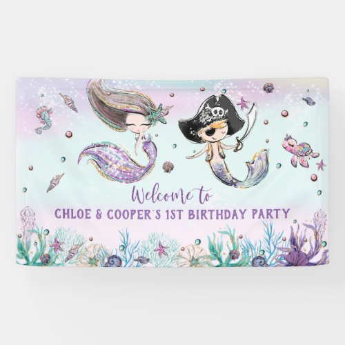 Mermaid Pirate Joint Twins Birthday Party Backdrop Banner