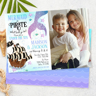 Mermaid & Pirate Photo Siblings Joint Birthday  Invitation