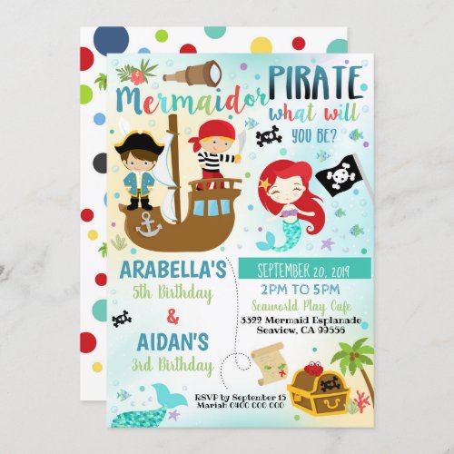 Mermaid Pirate Sibling Boy Girl Invitation