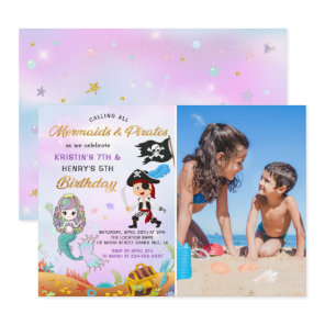 Mermaid & Pirate Under The Sea Birthday Photo Invitation