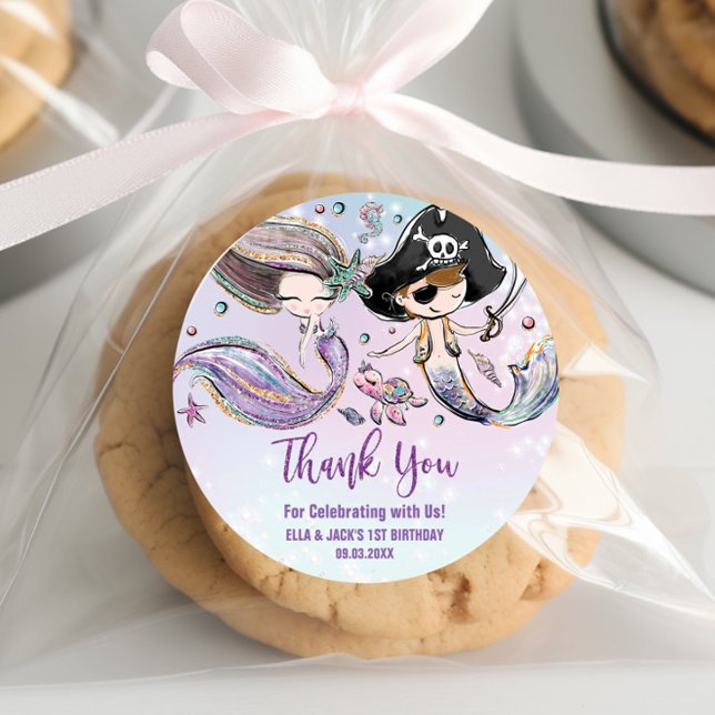 Mermaid Pirate Under the Sea Joint Birthday Favor  Classic Round Sticker (Creator Uploaded)