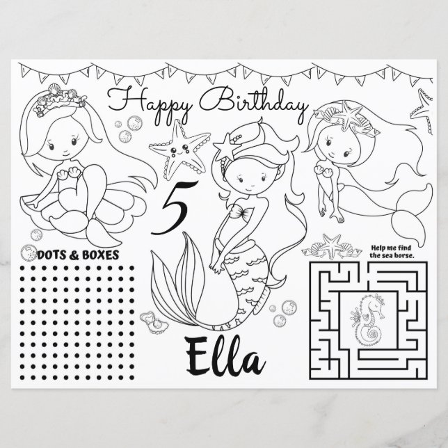 Mermaid Placemats, Mermaid activity coloring sheet (Front)