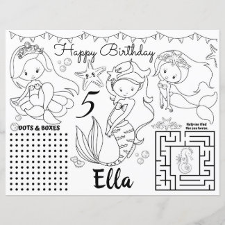 Mermaid Placemats, Mermaid activity coloring sheet