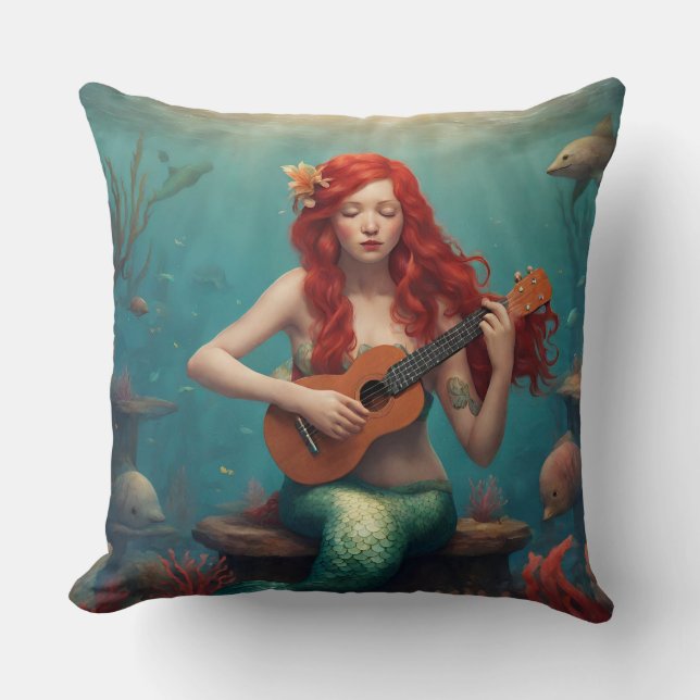 Mermaid playing the ukulele throw pillow (Front)