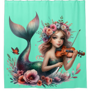 “Mermaid Playing Violin- Whimsical Underwater Art" Shower Curtain