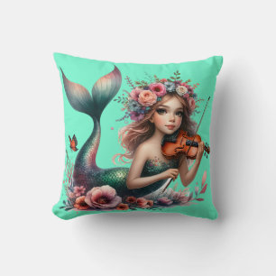 “Mermaid Playing Violin- Whimsical Underwater Art" Throw Pillow