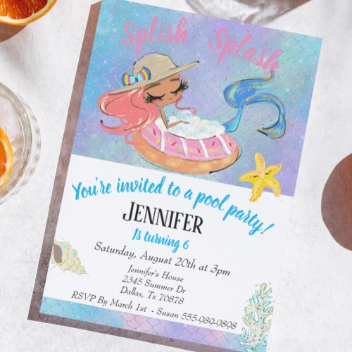 Mermaid Pool Birthday Party Budget Rainbow Invitation