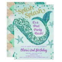 Mermaid pool party birthday, teal gold purple invitation
